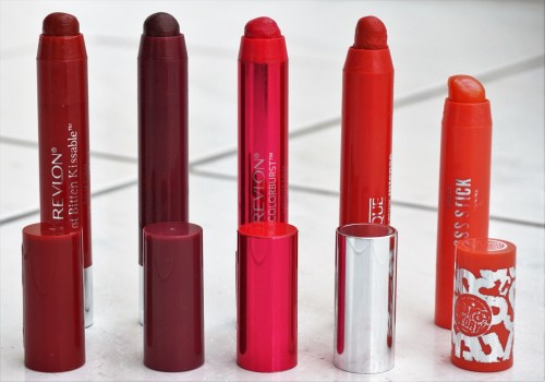 Left to Right: Revlon Colourburst Just Bitten Balm Stain in 045 Romantic, Revlon Colourburst Just Bitten Balm Stain in 005 Crush, Revlon Colour Lacquer Balm in 120 Vivacious, Clinique Chubby Stick Intense in 04 Heftiest Hibiscus, Soap and Glory Sexy Mother Pucker 3D Gloss Stick in Technicoral