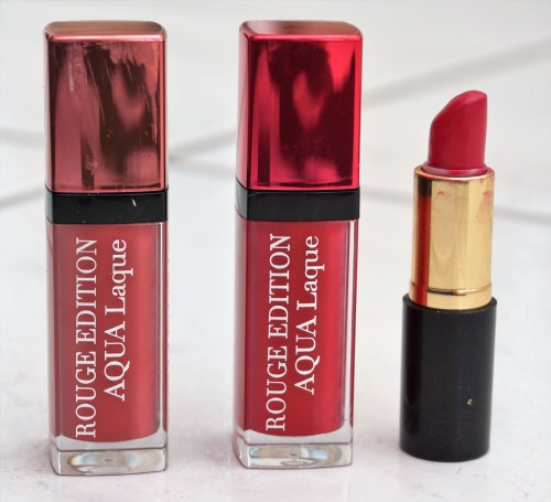 Left to Right: Bourjois Rouge Edition Aqua Laque in 01 Appechissant, Bourjois Rouge Edition Aqua Laque in 07 Fuschia Perche, Bare Minerals Marvellous Moxie Lipstick (mini version) in Risk it All